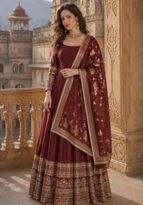 Maroon Embroidered Silk Blend Anarkali With Dupatta