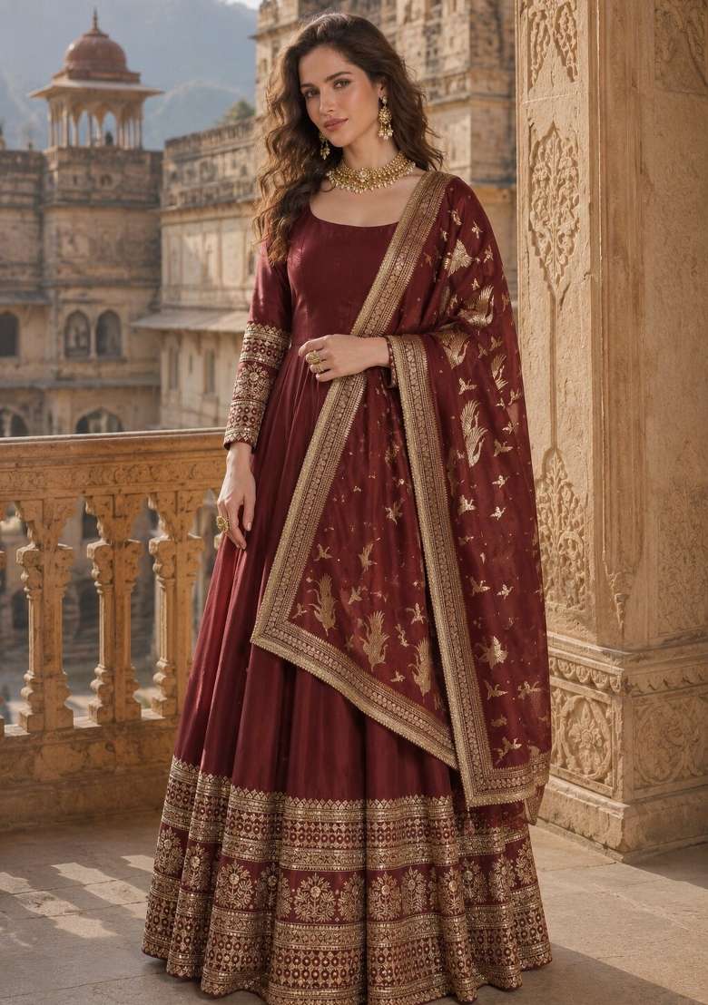 Maroon Embroidered Silk Blend Anarkali With Dupatta - Indya