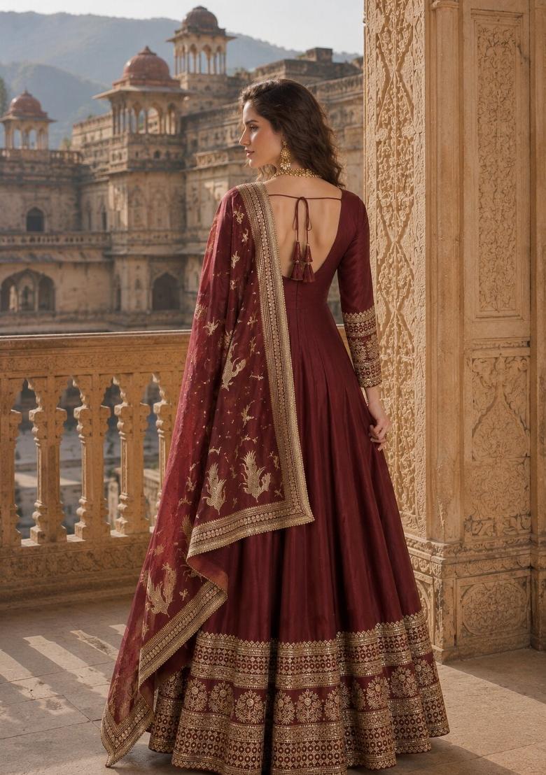 Maroon Embroidered Silk Blend Anarkali With Dupatta - Indya