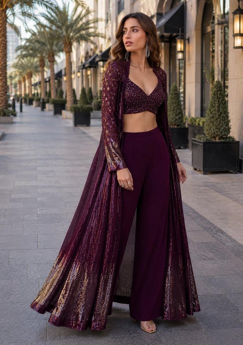 Purple Embroidered Georgette Kurta Set - Indya
