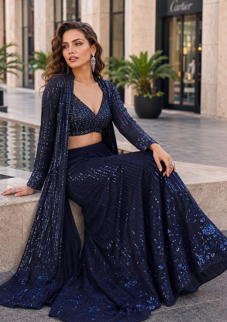 Grey Embroidered Georgette Kurta Set - Indya