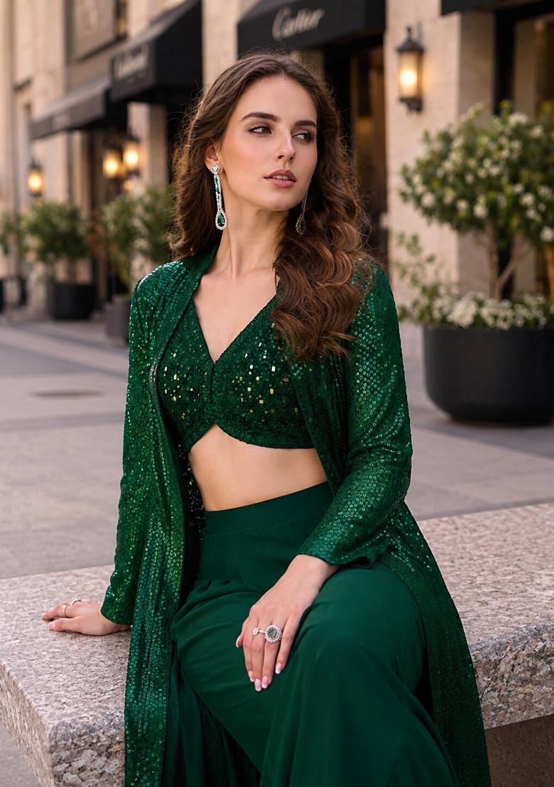 Dark Green Embroidered Georgette Kurta Set - Indya