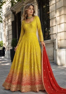 Yellow Embroidered Georgette Anarkali With Dupatta