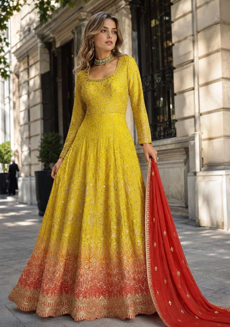 Yellow Embroidered Georgette Anarkali With Dupatta - Indya
