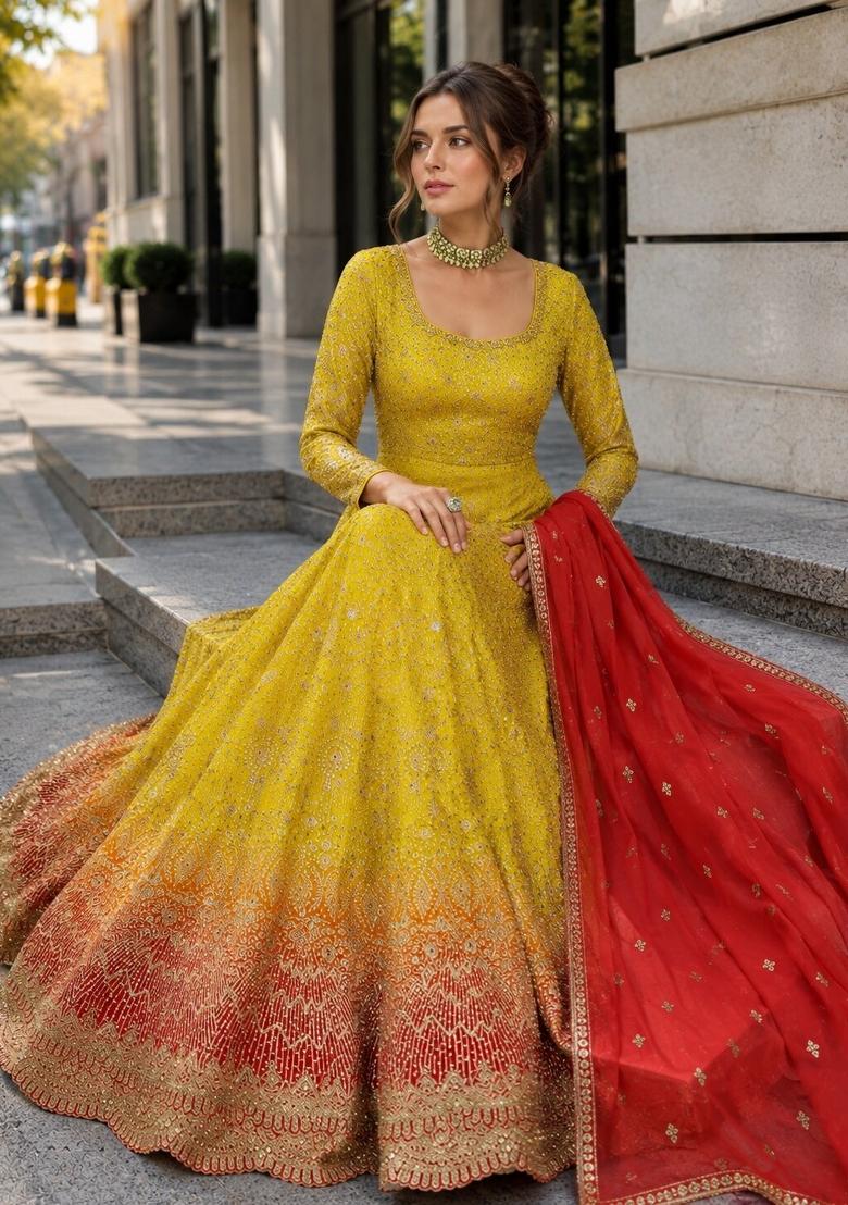 Yellow Embroidered Georgette Anarkali With Dupatta - Indya