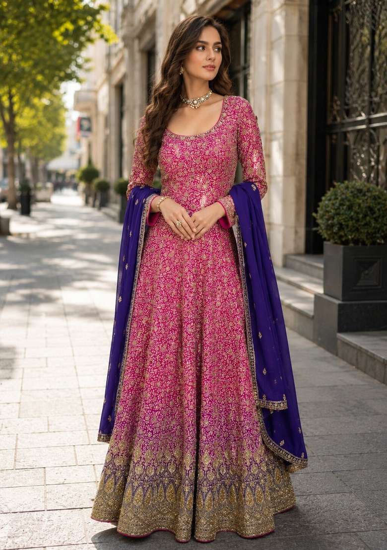 Chiku Embroidered Georgette Anarkali With Dupatta - Indya