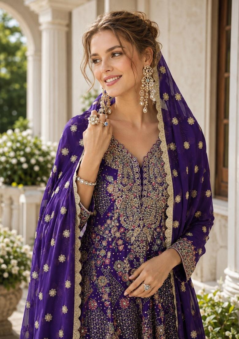 Navy Blue Sequin Work Georgette Anarkali Set - Indya