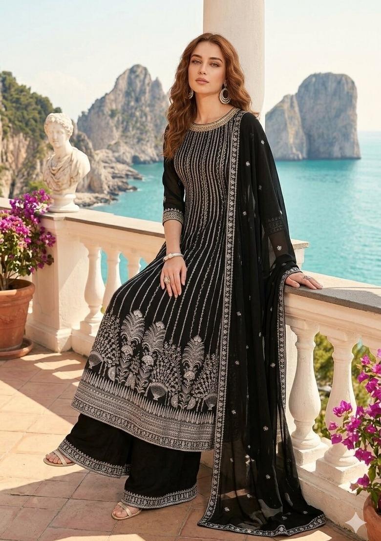 Black Embroidered Georgette Anarkali Set - Indya