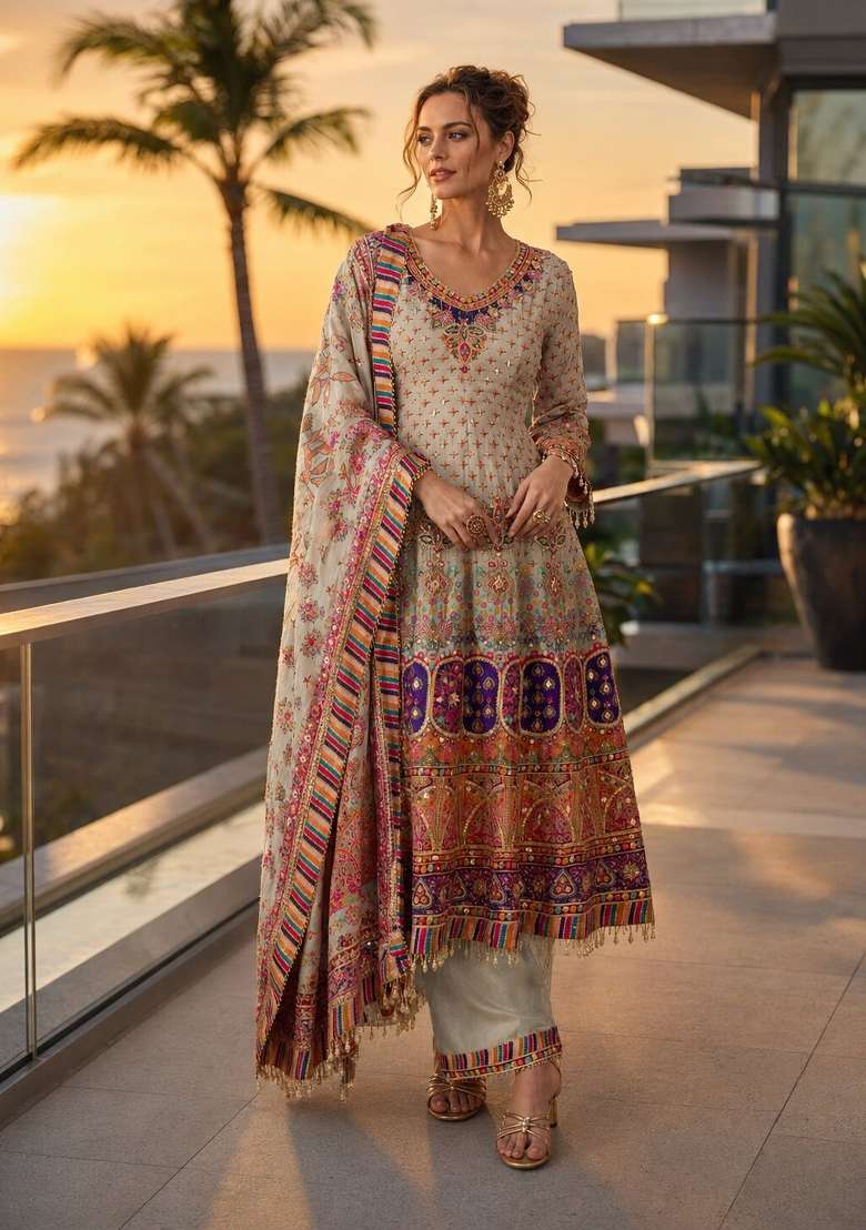 Beige Printed Crepe Kurta Set - Indya