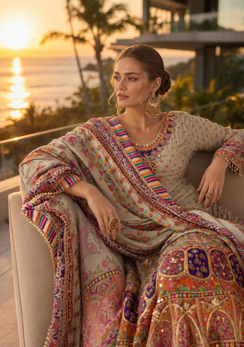 Beige Printed Crepe Kurta Set - Indya
