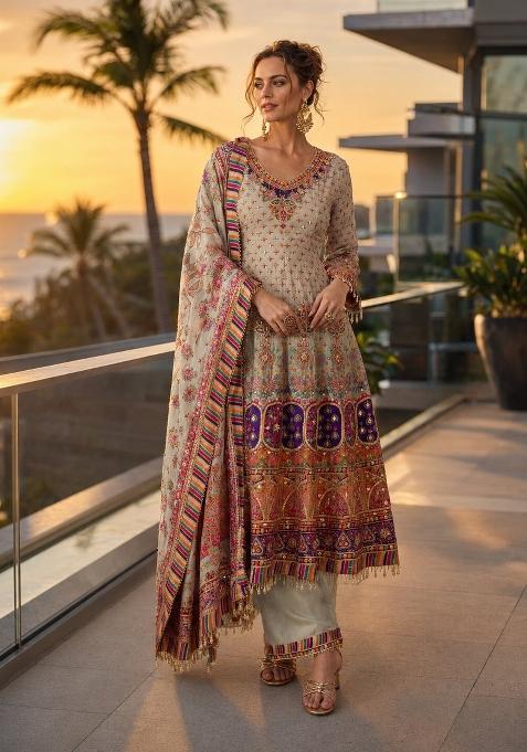 Beige Printed Crepe Kurta Set