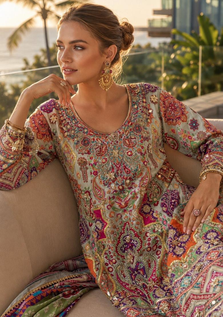 Multicolor Printed Crepe Kurta Set - Indya