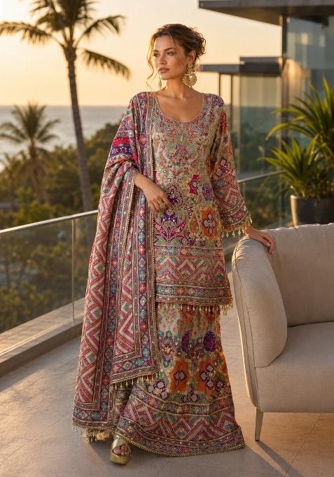 Multicolor Printed Crepe Kurta Set