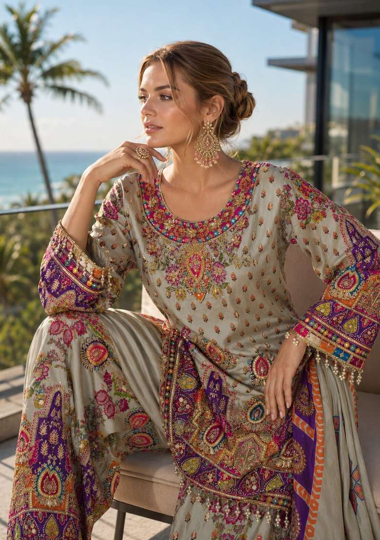 Blue Printed Crepe Kurta Set - Indya