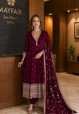 Maroon Embroidered Silk Blend Anarkali Set