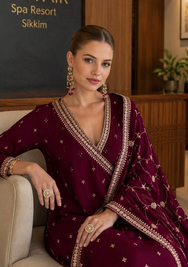 Maroon Embroidered Silk Blend Anarkali Set - Indya