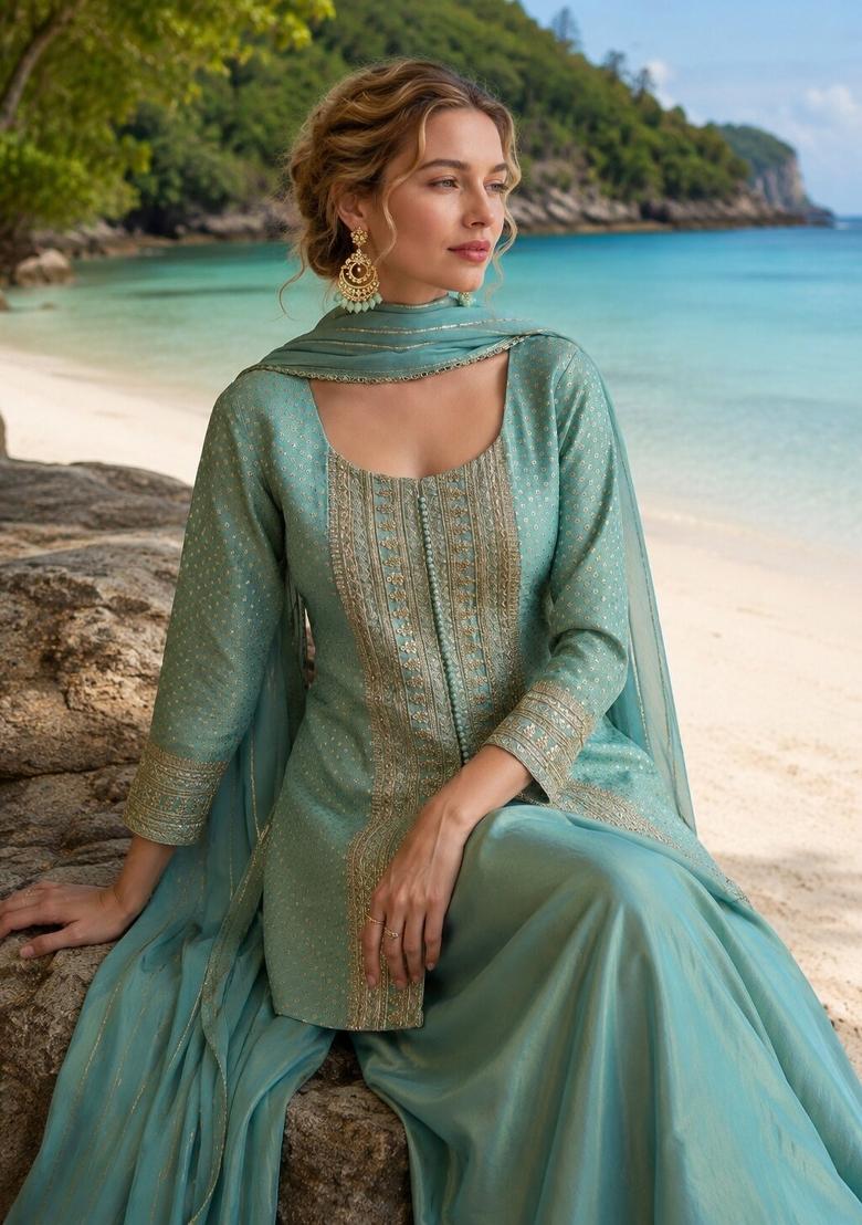 Sky Blue Embroidered Viscose Co Ords Set - Indya