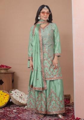 Sea Green Embroidered Chinon Sharara Set