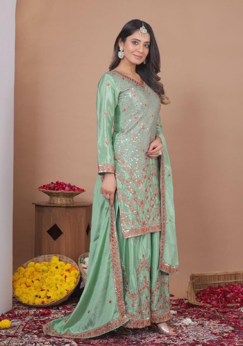 Sea Green Embroidered Chinon Sharara Set - Indya