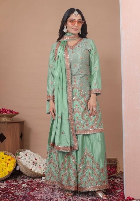 Sea Green Embroidered Chinon Sharara Set