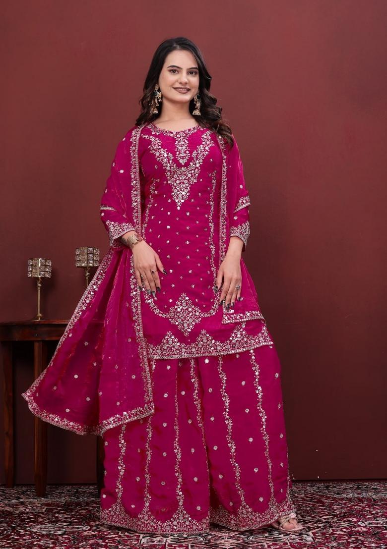 Rani Pink Embroidered Silk Sharara Set - Indya