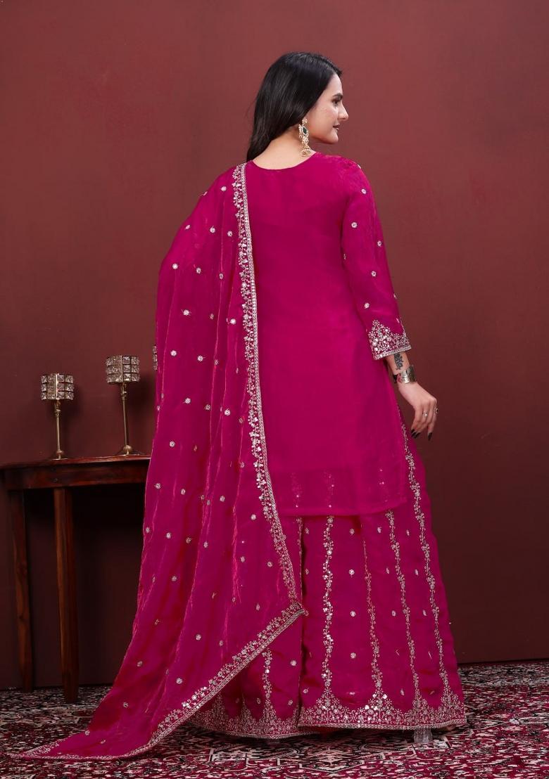 Rani Pink Embroidered Silk Sharara Set - Indya