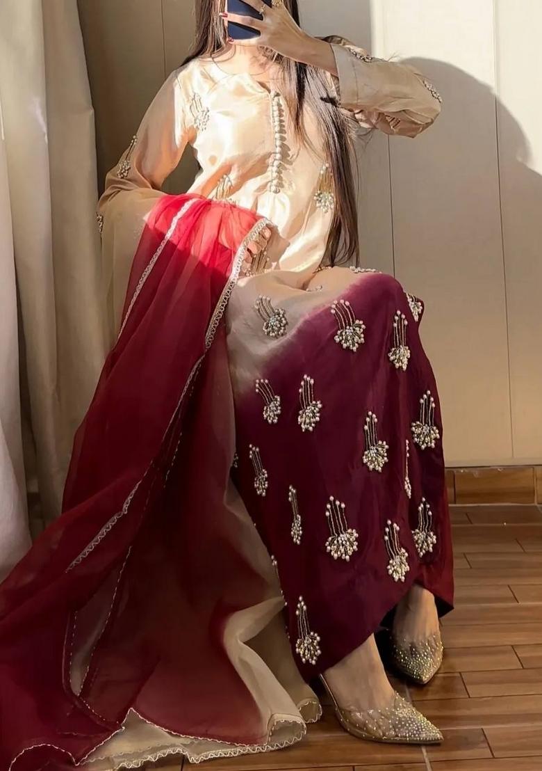 Cream Embroidered Chinon Palazzo Set - Indya