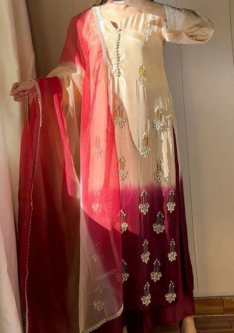 Cream Embroidered Chinon Palazzo Set - Indya