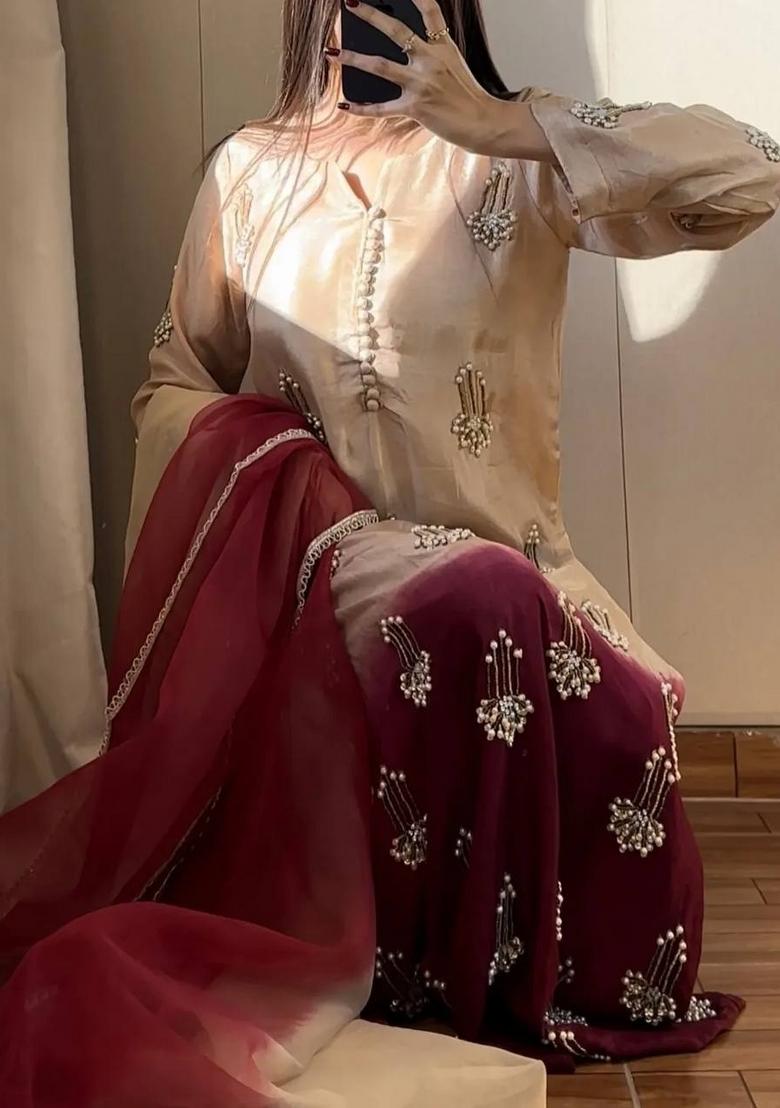 Cream Embroidered Chinon Palazzo Set - Indya