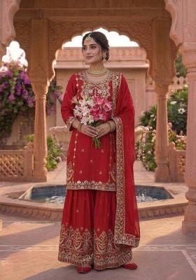 Red Embroidered Chinon Sharara Set