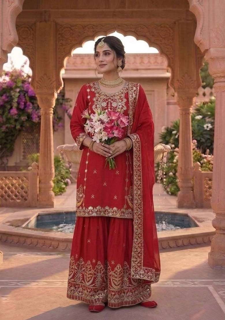 Red Embroidered Chinon Sharara Set - Indya