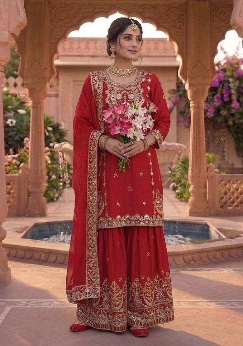 Red Embroidered Chinon Sharara Set - Indya