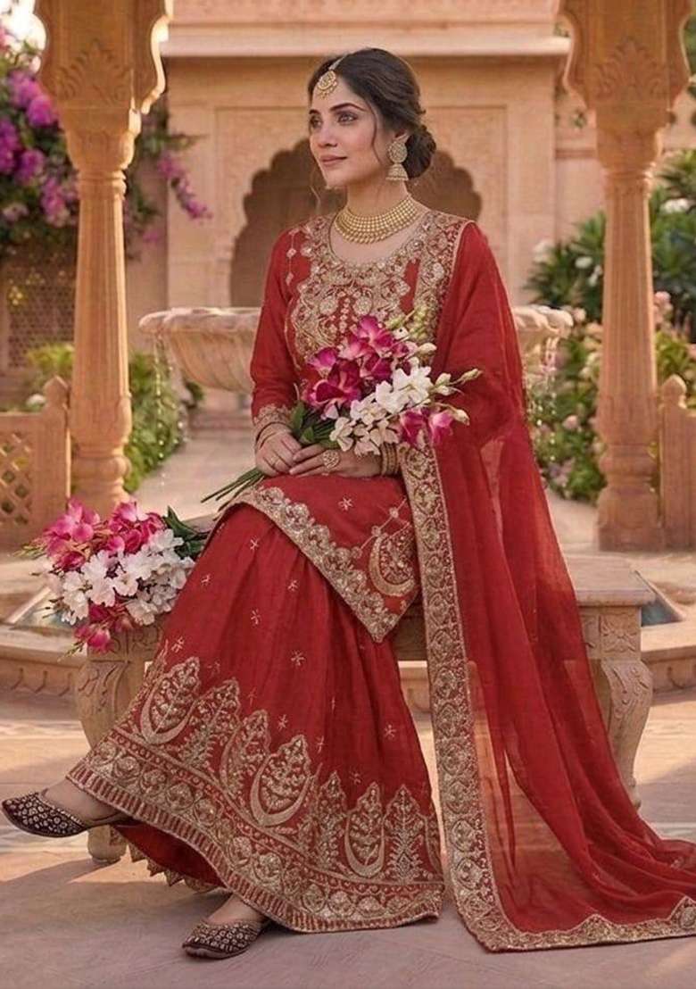 Red Embroidered Chinon Sharara Set - Indya