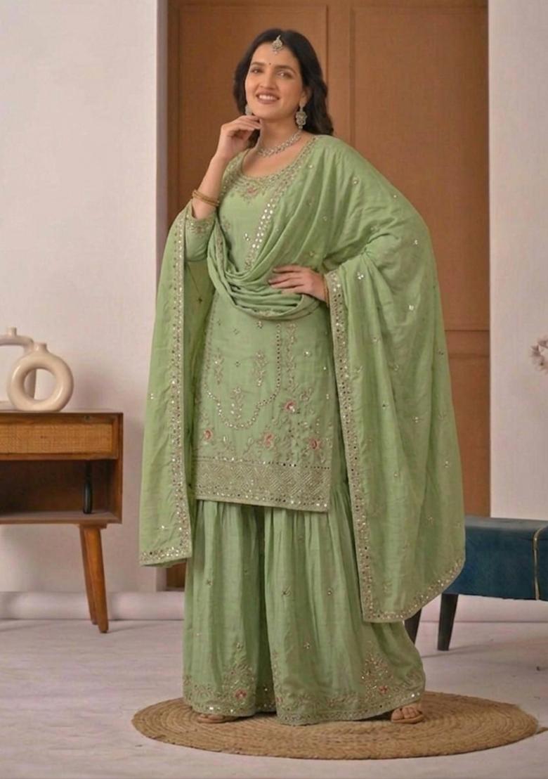 Green Embroidered Crepe Sharara Set - Indya