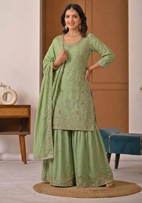 Green Embroidered Crepe Sharara Set