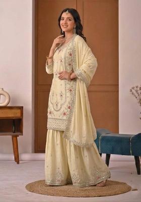Off White Embroidered Crepe Sharara Set