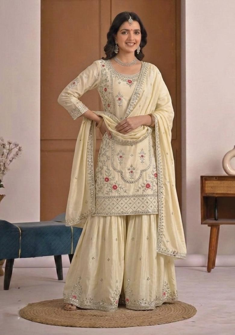 Off White Embroidered Crepe Sharara Set - Indya