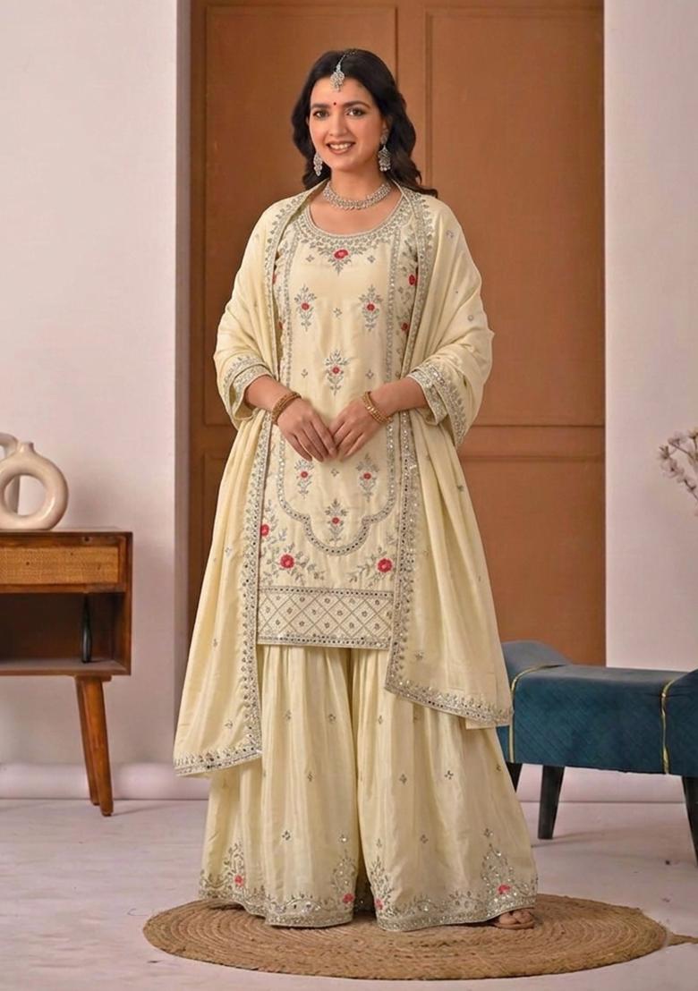 Off White Embroidered Crepe Sharara Set - Indya