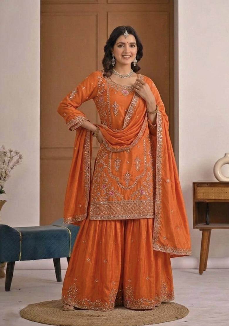 Orange Embroidered Crepe Sharara Set - Indya