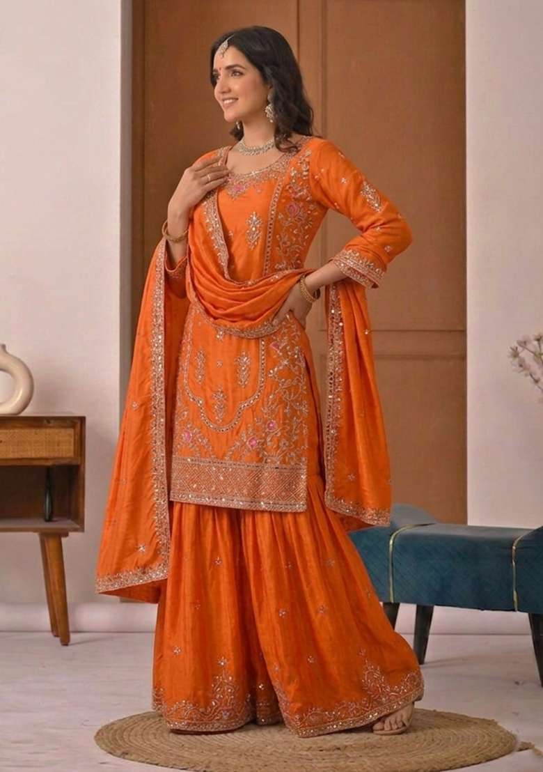 Orange Embroidered Crepe Sharara Set - Indya