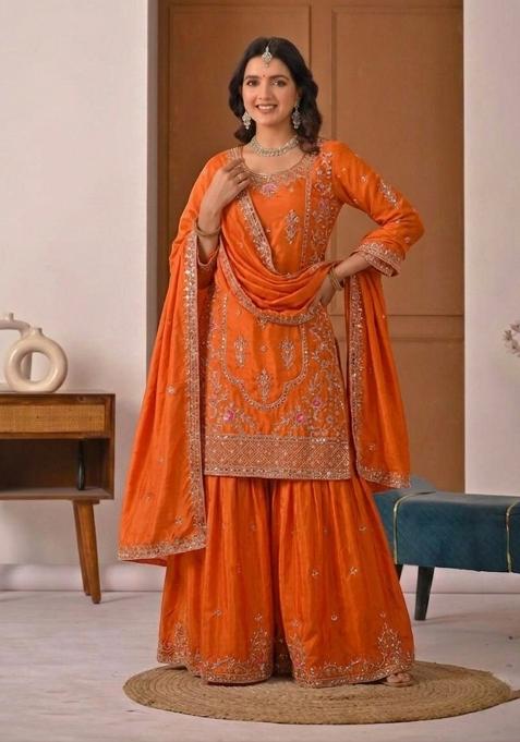Orange Embroidered Crepe Sharara Set
