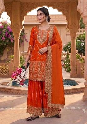 Orange Embroidered Chinon Sharara Set