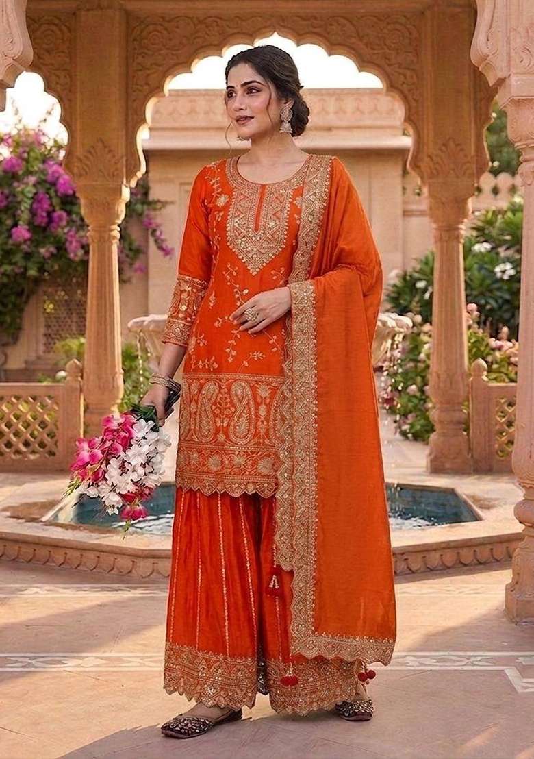 Orange Embroidered Chinon Sharara Set - Indya