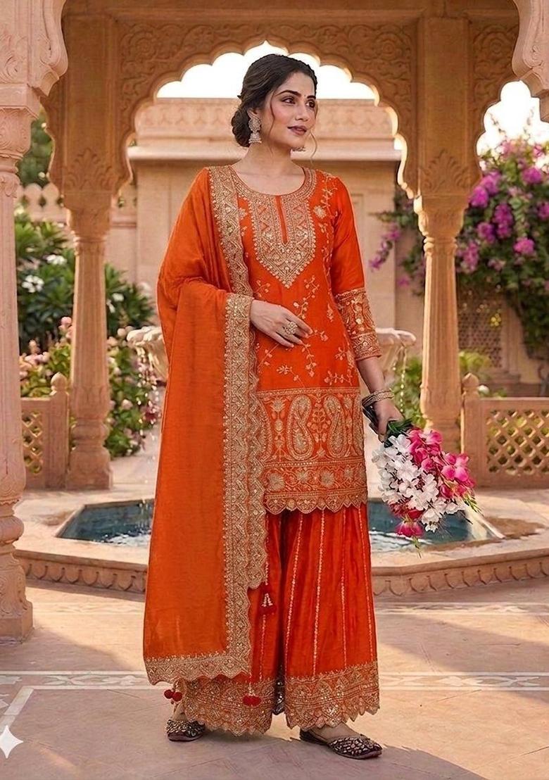 Orange Embroidered Chinon Sharara Set - Indya