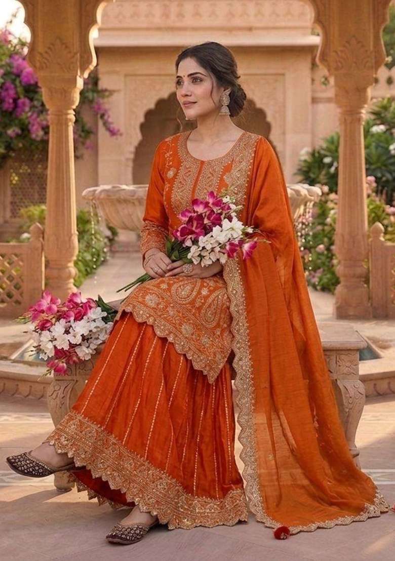 Orange Embroidered Chinon Sharara Set - Indya