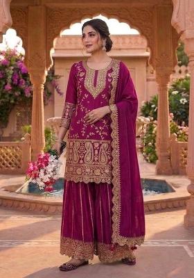 Wine Embroidered Chinon Sharara Set