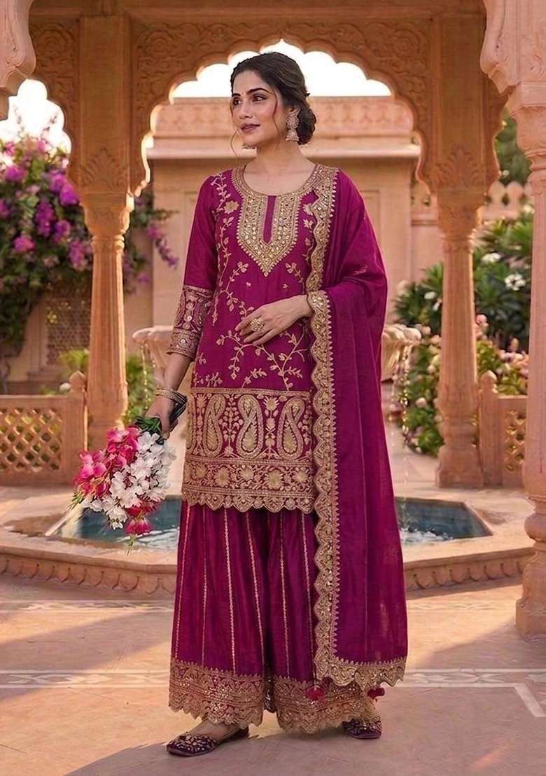 Wine Embroidered Chinon Sharara Set - Indya