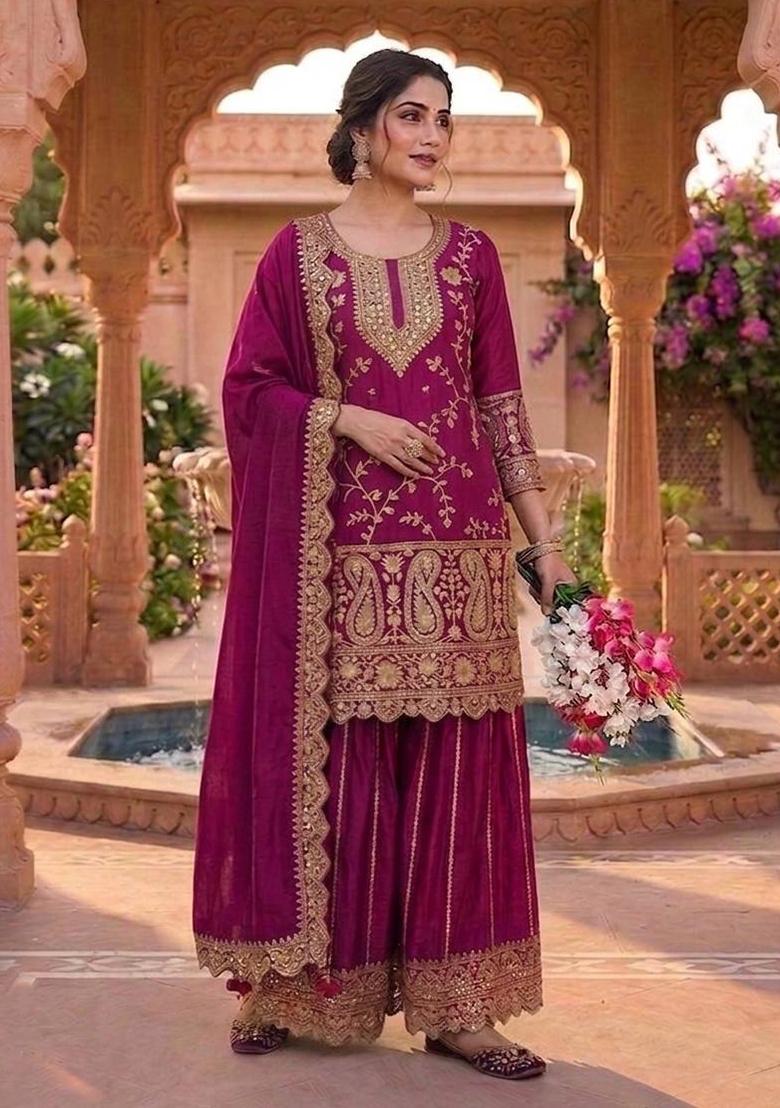 Wine Embroidered Chinon Sharara Set - Indya