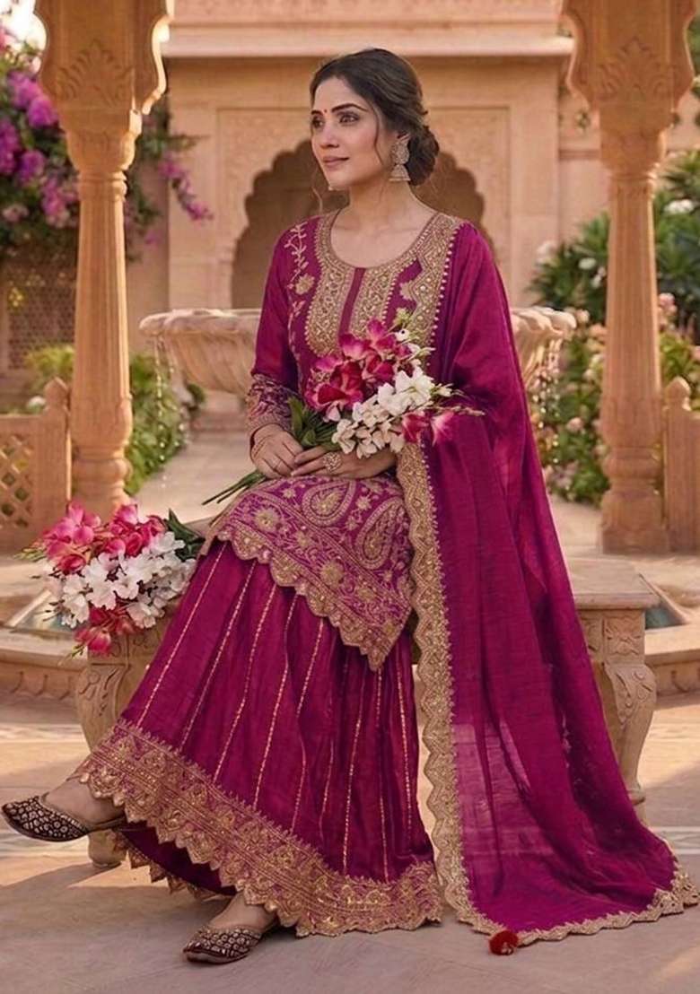 Wine Embroidered Chinon Sharara Set - Indya