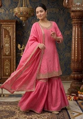 Pink Embroidered Chinon Sharara Set